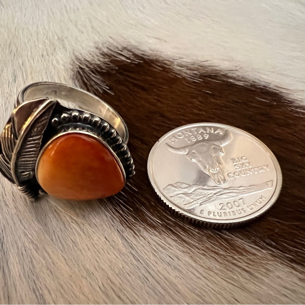 ❤️ Spiny Oyster Navajo Decorative Feather Sterling Silver Ring Size 8.75 - 7.5G - Picture 8 of 14